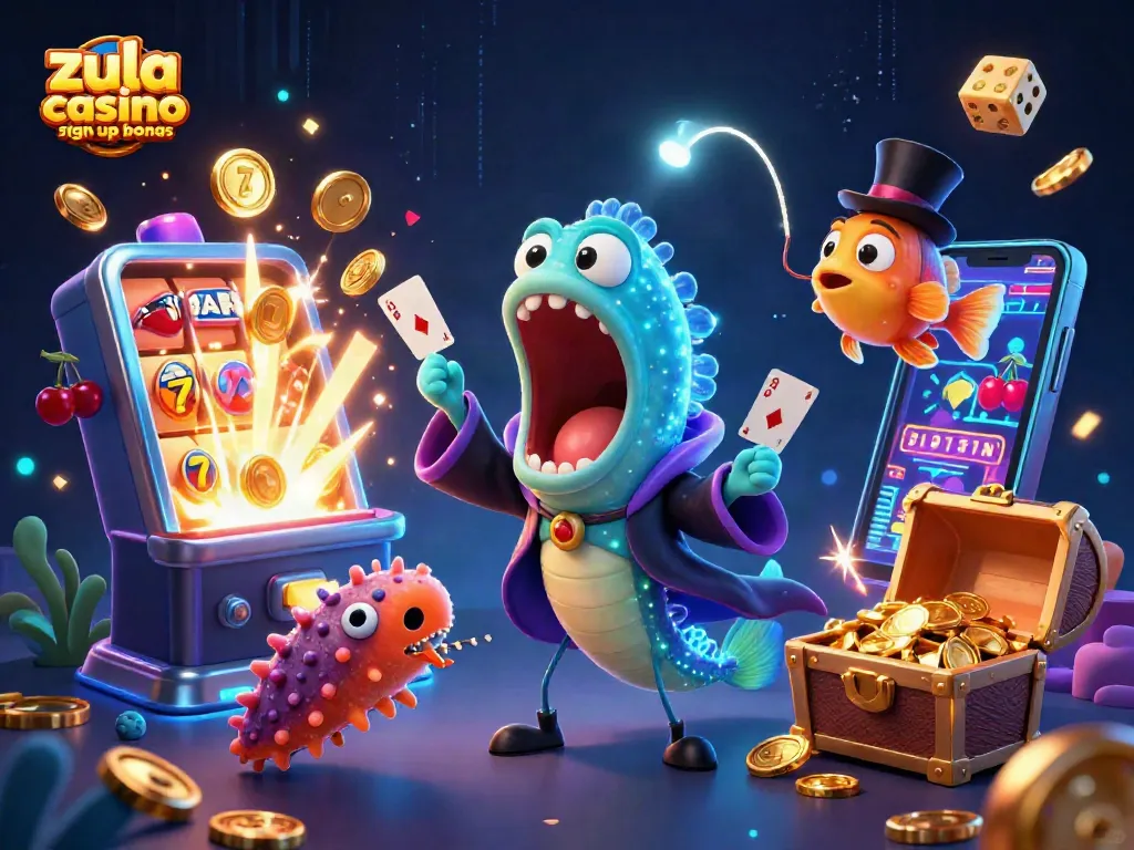 Delve into the zula casino sign up bonus with vibrant characters and gaming elements capturing casino excitement.