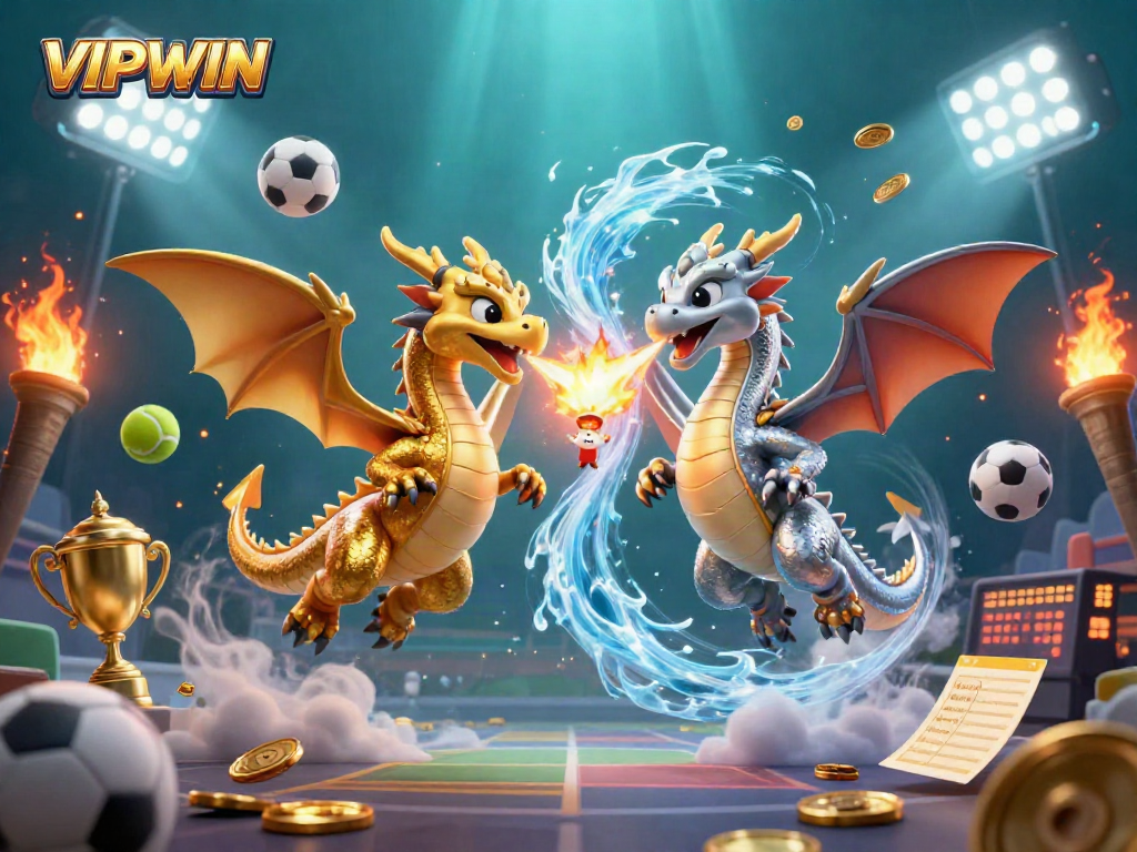 Engage with competitive gaming at VIPWIN featuring dynamic dragons and sports elements, showcasing excitement and action.