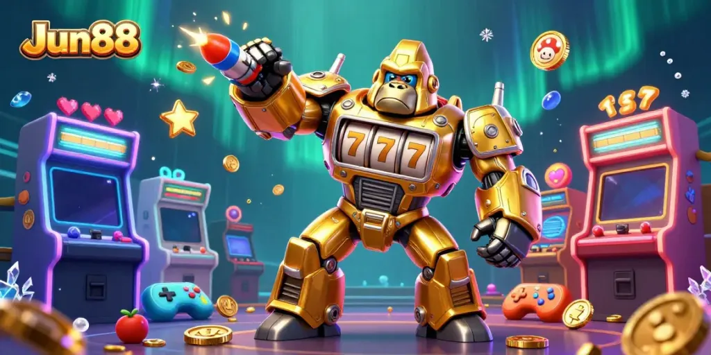 Experience thrilling action with Jun88's golden gorilla mech amidst vibrant casino elements.
