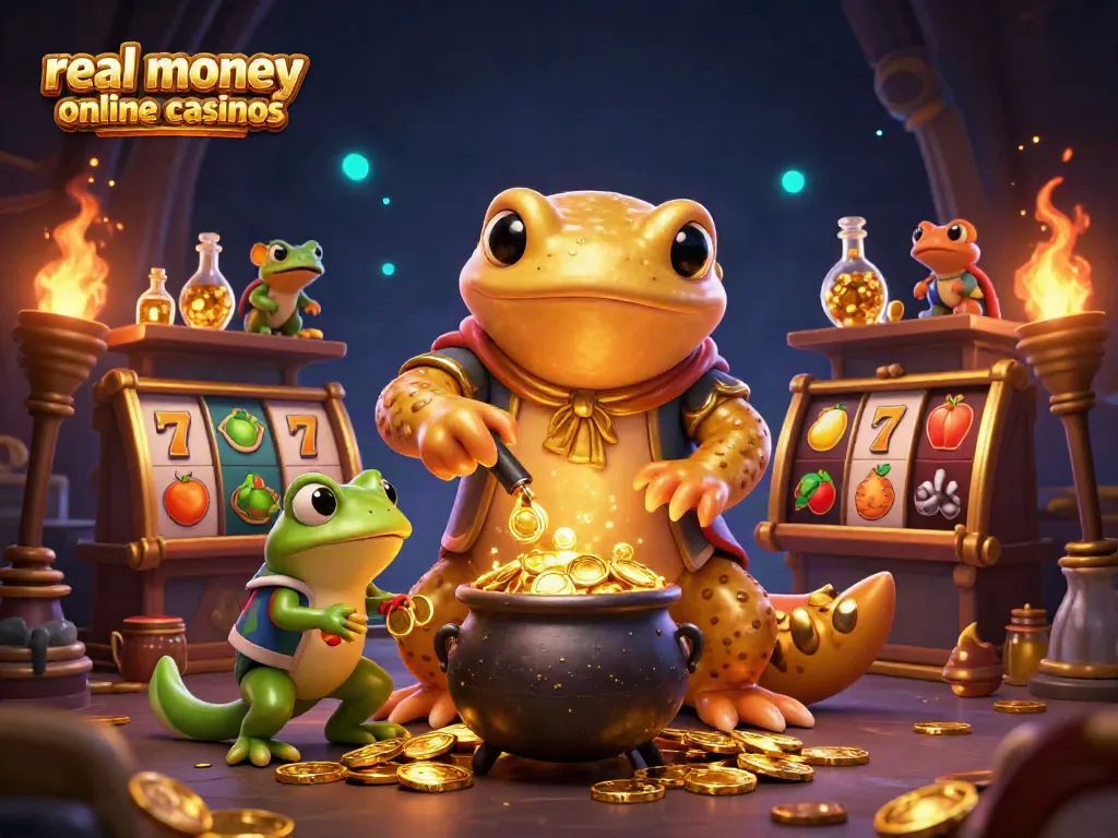Experience the excitement of real money online casinos with a vibrant casino scene showcasing alchemy and gaming.