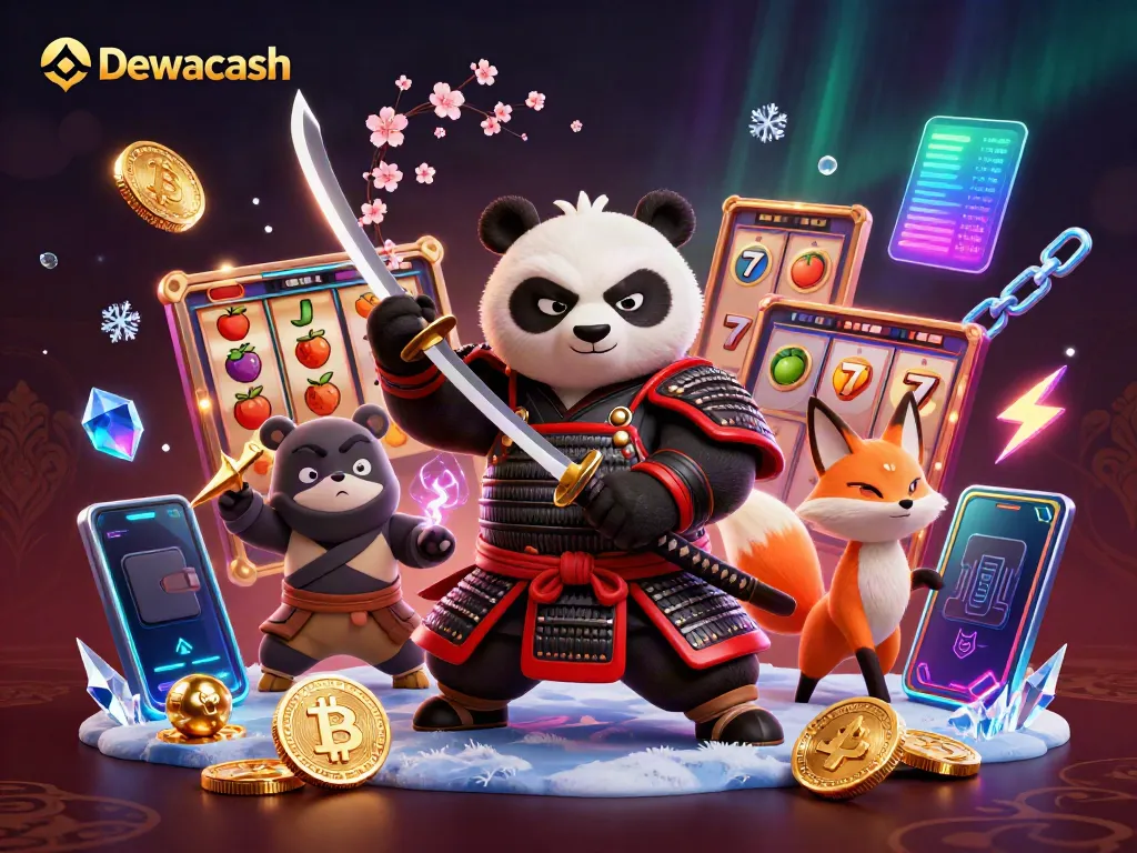 Dewacash features a dynamic scene with a samurai panda and ninja fox engaging in slots.