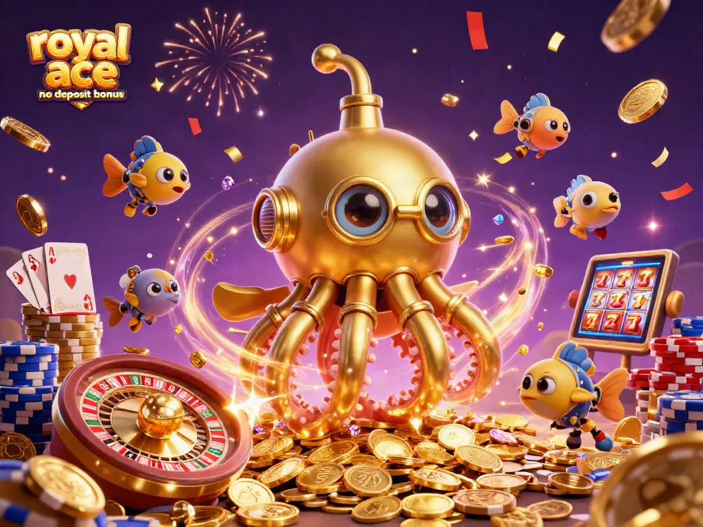 Engage with the royal ace no deposit bonus in a vibrant casino scene filled with gold coins and excitement.