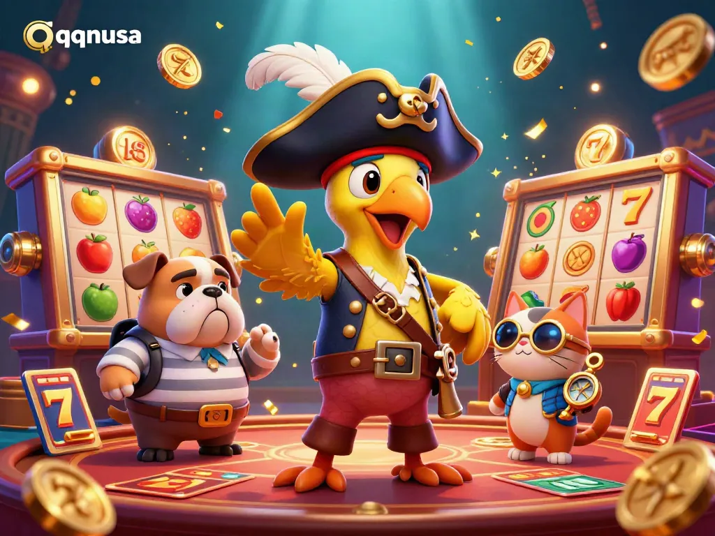 Experience thrilling casino action with qqnusa's vibrant pirate-themed characters amidst spinning slot reels and golden coins.