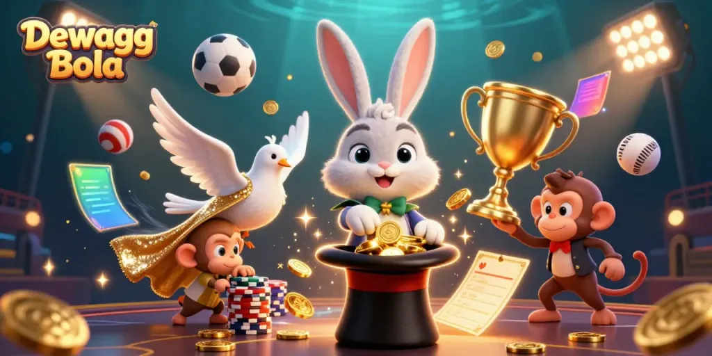 Experience exciting bets with Dewagg Bola in a vibrant 3D illustration of casino elements.