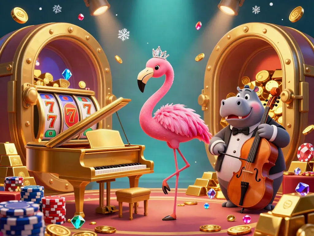 Join the fun at LUCK8 with an engaging scene featuring a flamingo singer and hippo bassist amidst casino elements.