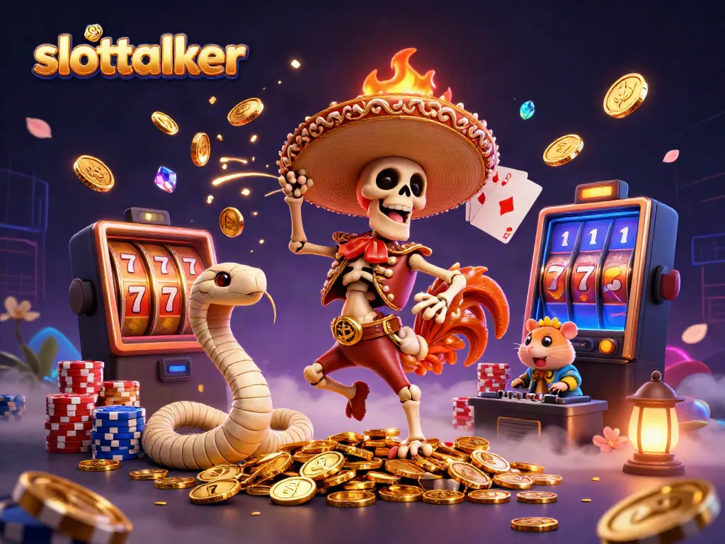 Join the fun with slottalker as a 3D cartoon mariachi rooster celebrates on golden coins amid vibrant casino elements.