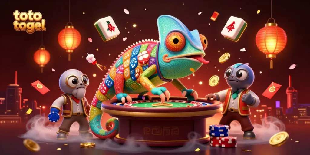 Engage with toto togel excitement through a vibrant 3D casino scene featuring a colorful chameleon owner.