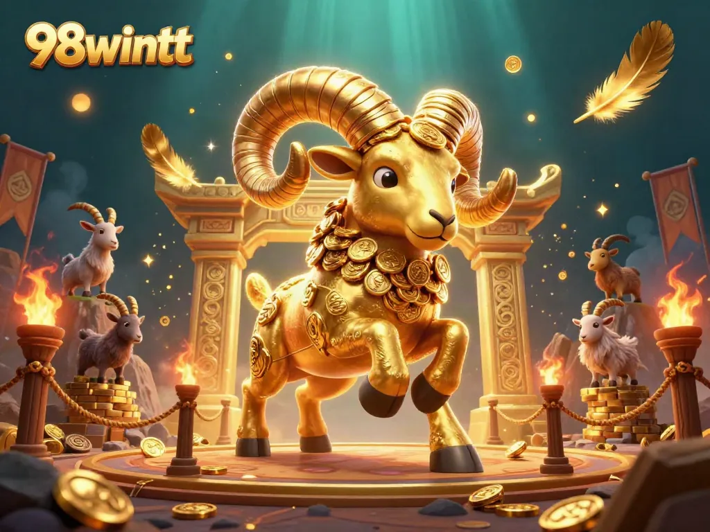Spin and win with 98wintt featuring an epic golden ram charging through a dazzling casino.