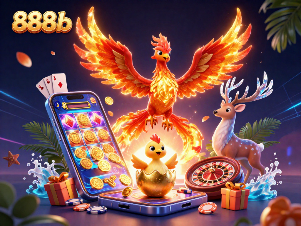 Experience thrilling gameplay with 888b featuring a phoenix and casino elements in a vibrant illustration.