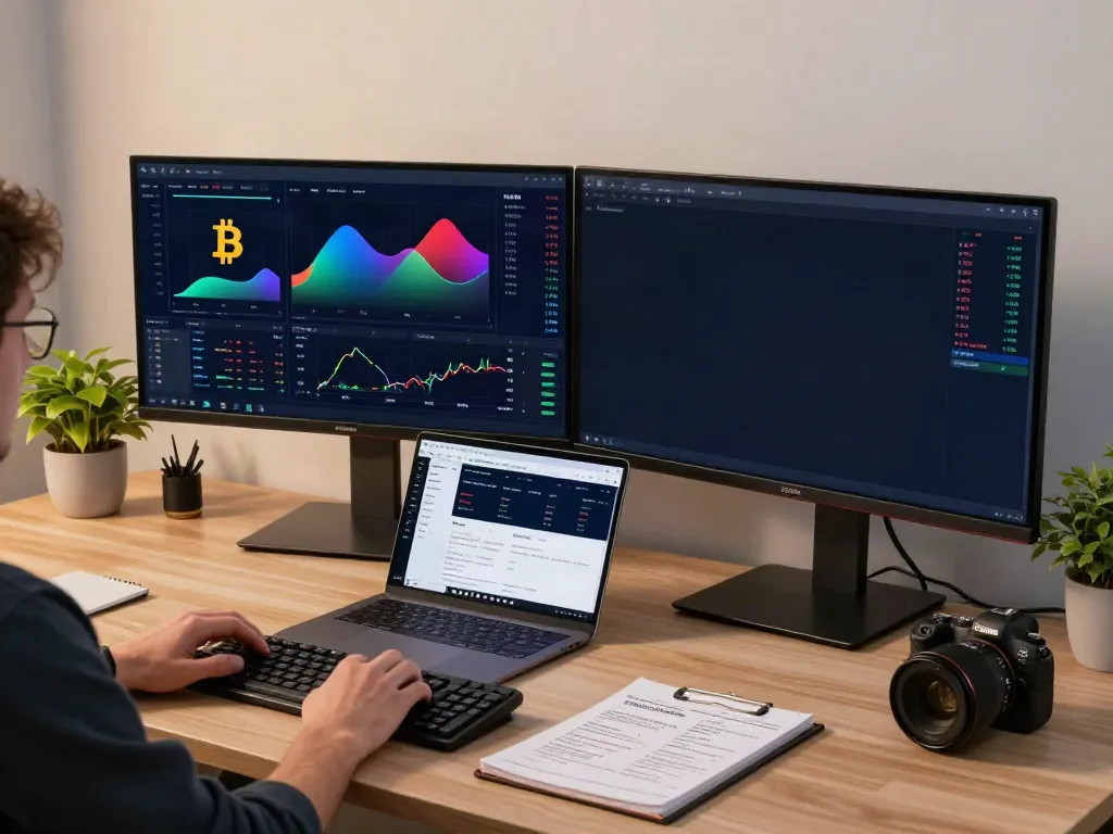 Real-time financial data API in a modern trading workspace displaying cryptocurrency price charts and DeFi analytics.