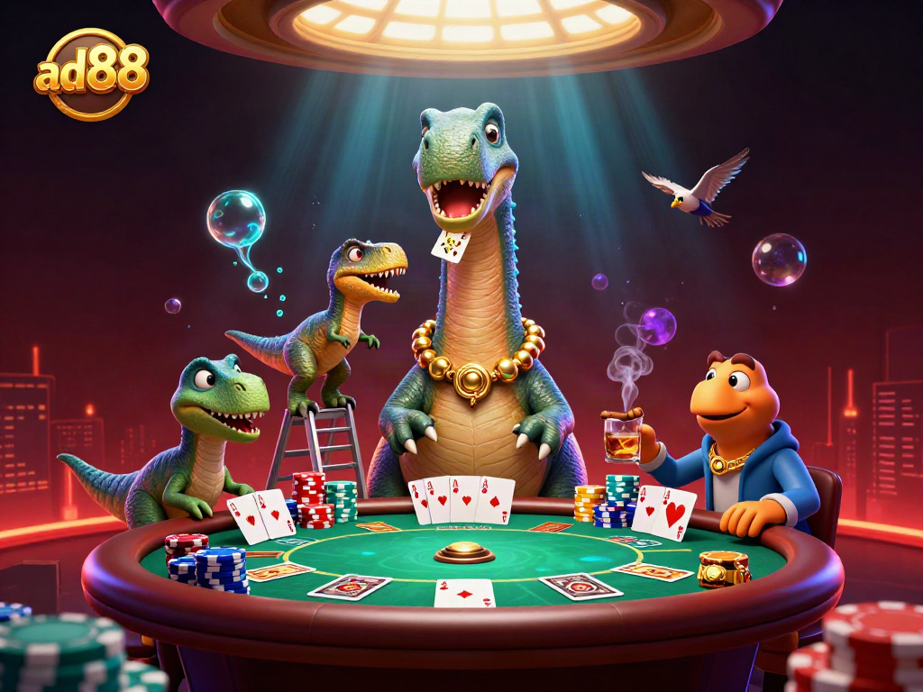 Experience exciting poker action with ad88 and dynamic characters in a vibrant casino setting.