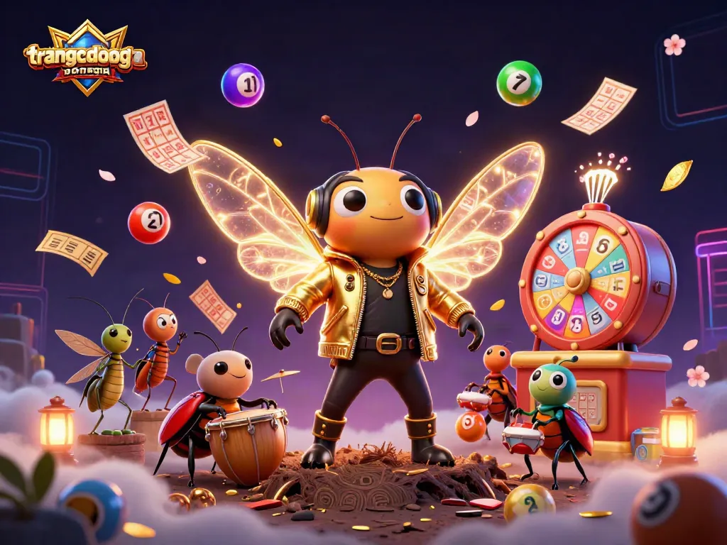 Engage with the vibrant energy of trangcadobongda featuring a rock star cicada surrounded by luck-filled lottery elements.