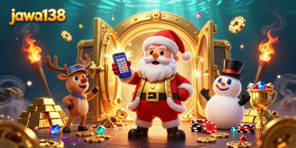 Experience the excitement of jawa138 slots with friendly cartoon characters in a festive casino scene.