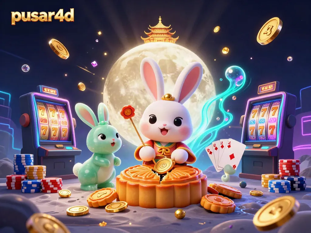 Engage with pusar4d as the moon rabbit reveals poker chips with golden mooncakes amidst dynamic casino elements.