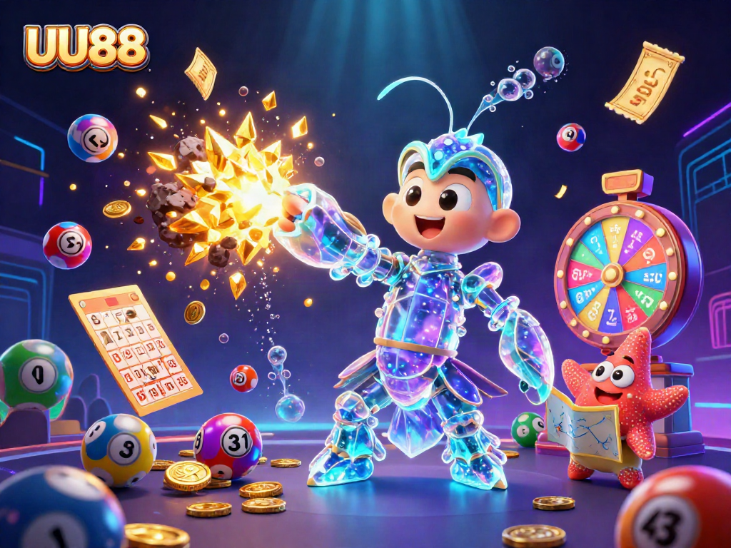 Engage in thrilling lottery excitement at UU88 with vibrant balls and golden prizes exploding in a cosmic casino