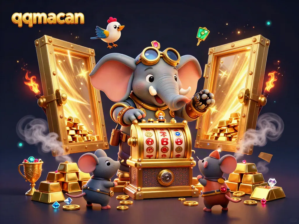 Experience winning moments with the enchanting qqmacan slot machine pulled by a whimsical steampunk elephant and companions.