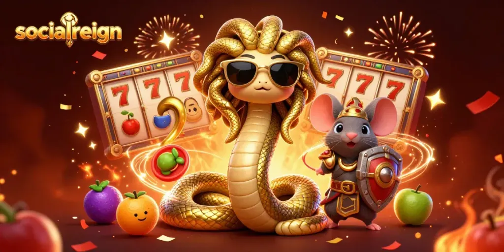 Play exciting slots at socialreign with Medusa, a warrior mouse, and festive casino elements.