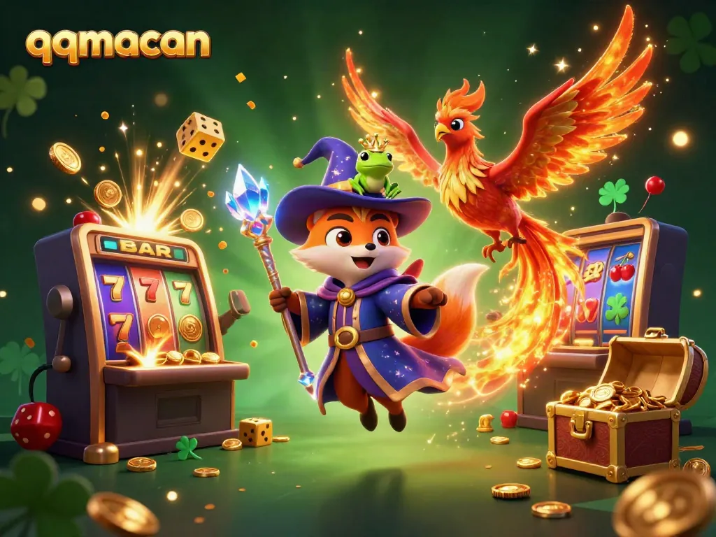 Experience winning thrills at QQMacan with vibrant characters and dynamic slot action in this enchanting casino illustration.