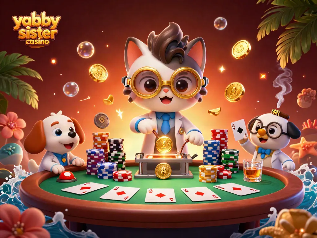 Play at yabby sister casino with a playful mad scientist cat and loyal dog creating gold coins