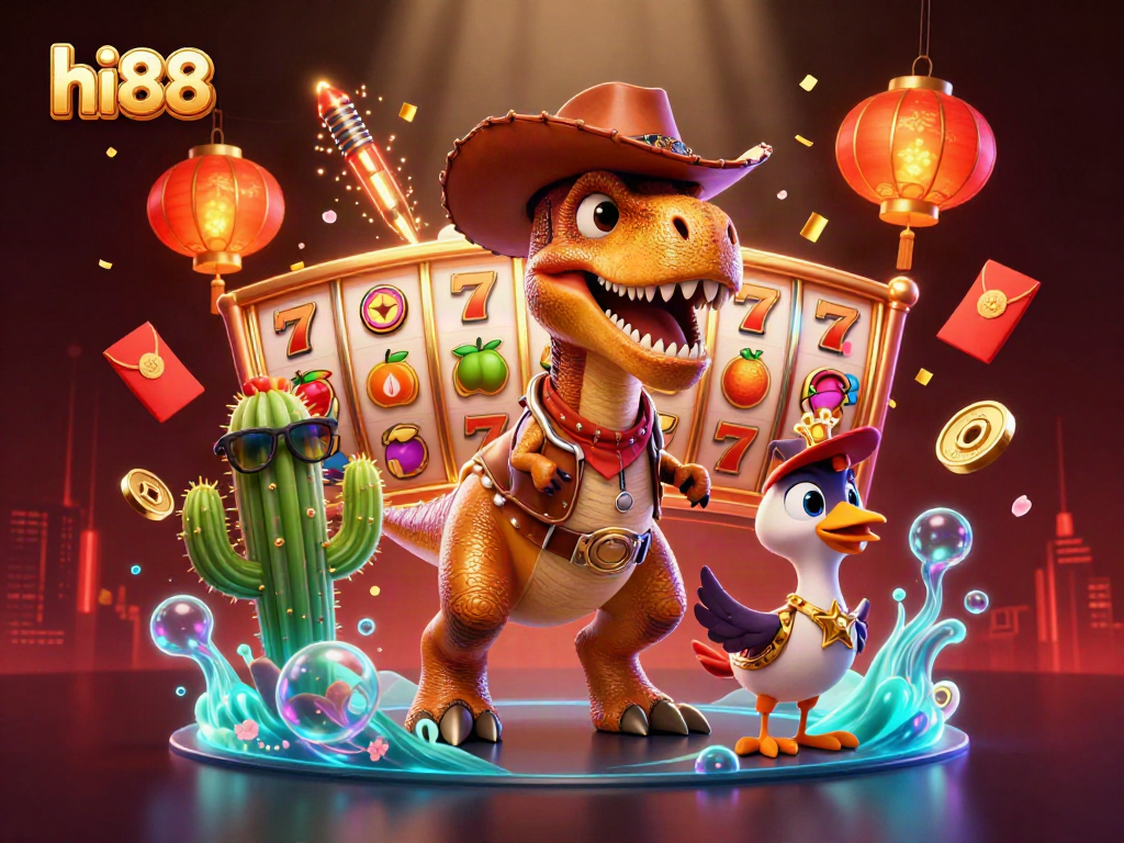 Experience high-stakes action with hi88 in a vibrant 3D casino illustration featuring characters and game elements.