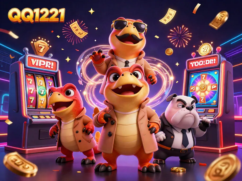 Experience the thrill of QQ1221 as raptors attempt to enter a VIP casino lounge amidst lively gaming elements.