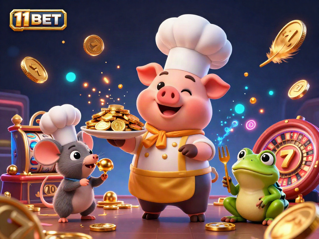 Engage with 11BET's vibrant casino world featuring playful characters and rich gold elements.