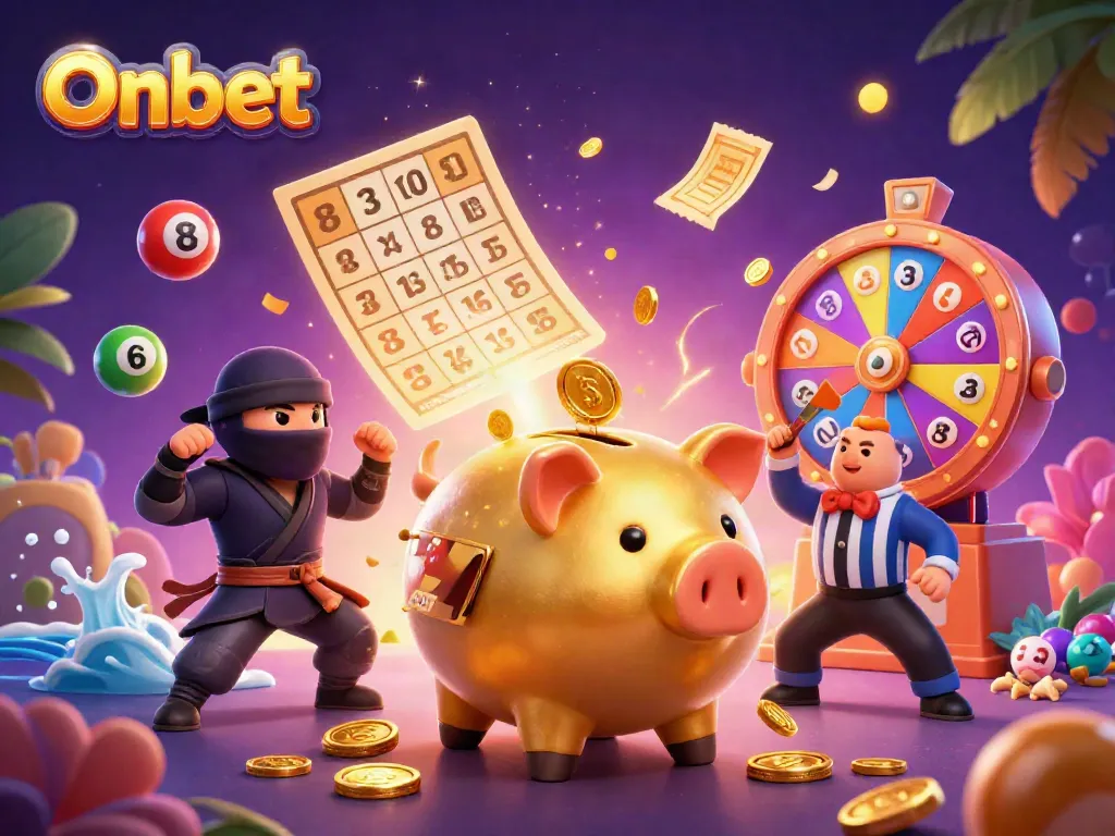 Engage with Onbet at a vibrant casino scene featuring a sumo wrestler, ninja, and samurai surrounded by lottery elements.