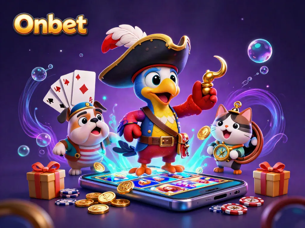 Experience thrilling gameplay at Onbet with a cartoon pirate and casino prizes in this lively scene.