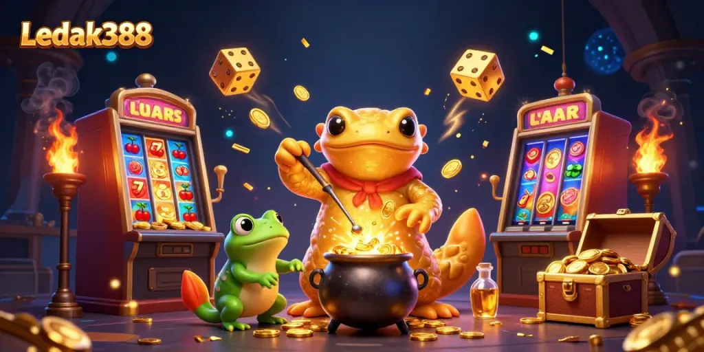 Experience the magic of Ledak388 with a vibrant 3D scene where alchemy meets the thrill of slot machines and gold.