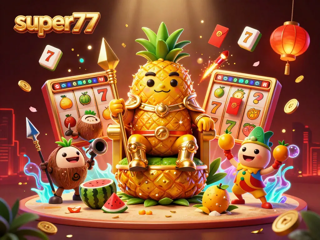 Experience the excitement of super77 with a vibrant casino scene featuring whimsical characters and slot elements.