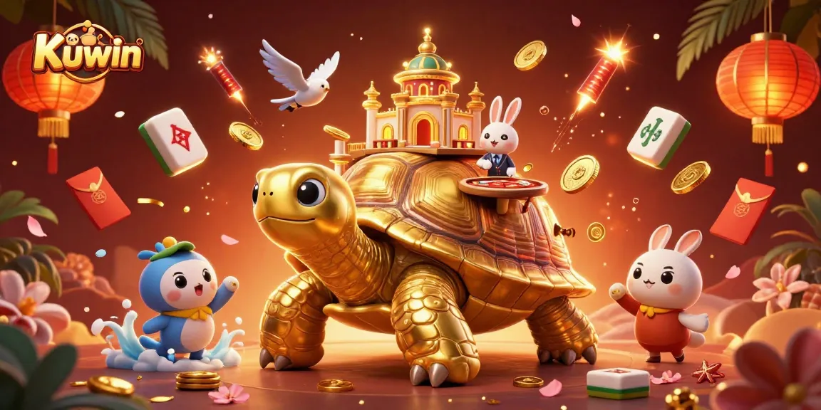 Kuwin brings joy as a golden tortoise hosts a lively casino scene with a rabbit dealer and birds flying coins.