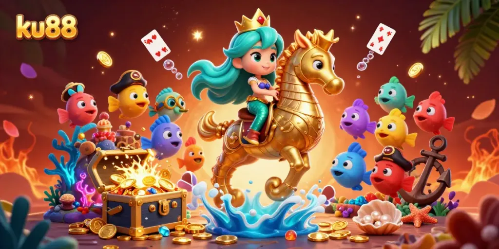 Experience exciting gambling adventures with ku88 while navigating underwater treasures in this vibrant 3D scene.