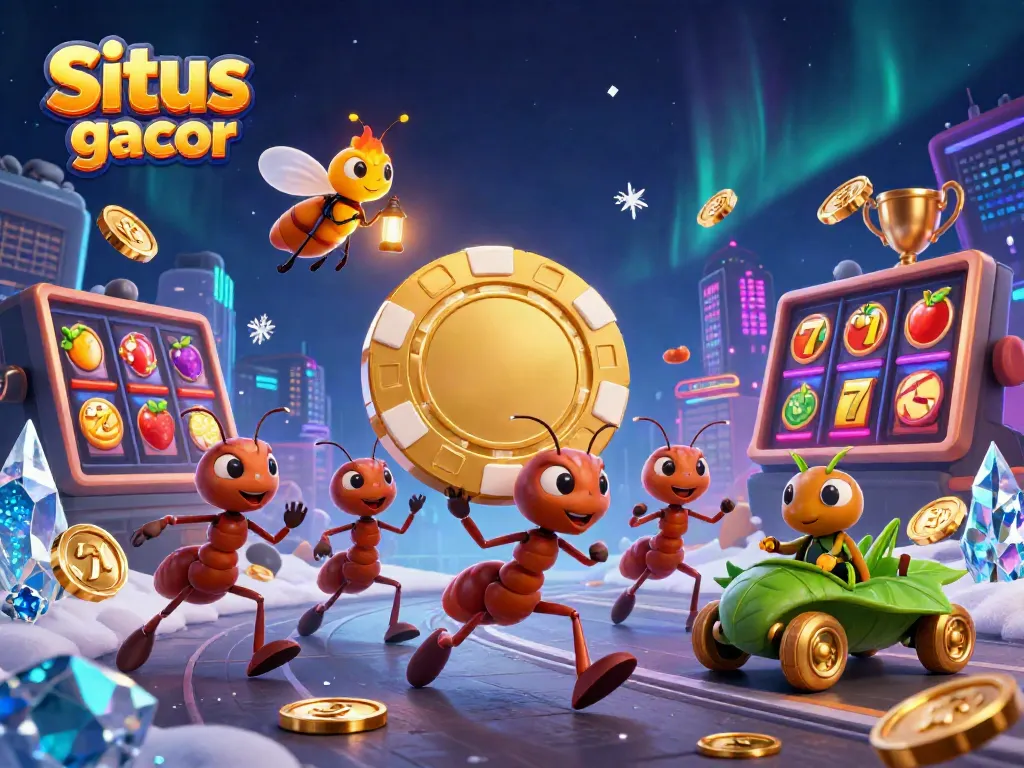 Engage with the dynamic action of Situs slot gacor featuring a team of ants on a heist, surrounded by exciting casino elements.