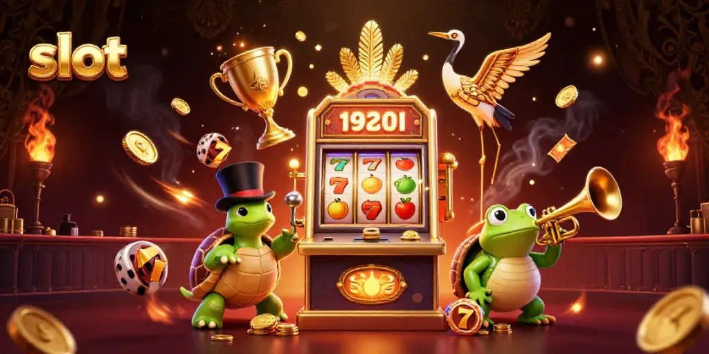 Menggandakan slot dengan simbol buah dan jackpot, dikelilingi karakter lucu di kasino.
