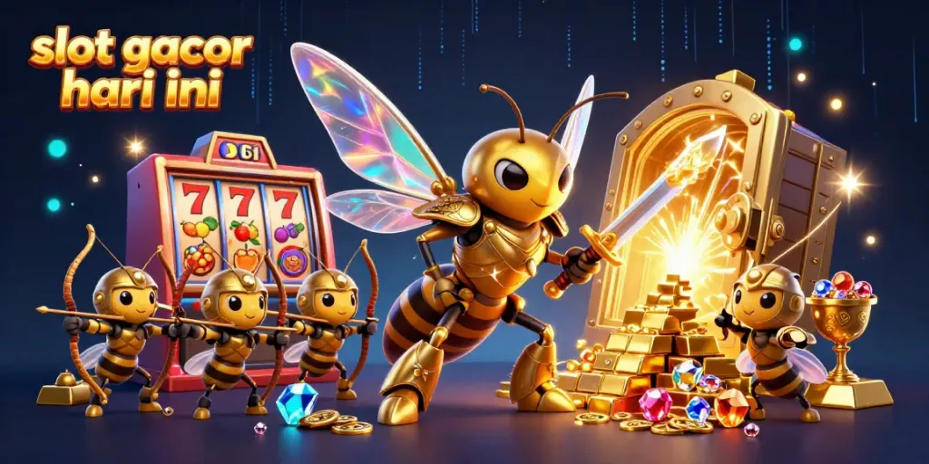 Engage in thrilling adventures with slot gacor hari ini amidst an energetic 3D scene of a heroic hornet and dazzling treasures.