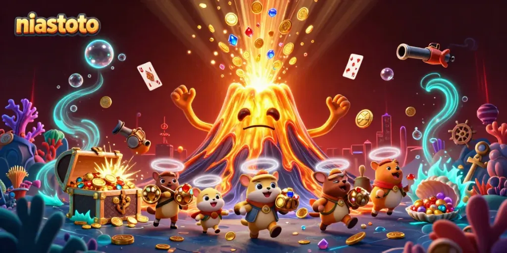 Experience the excitement of niastoto with a golden volcano erupting coins and treasure, lively characters amidst vibrant elements.