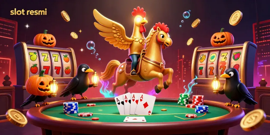 Experience the thrill of slot resmi with a golden rooster and spectral horse in a vibrant casino.
