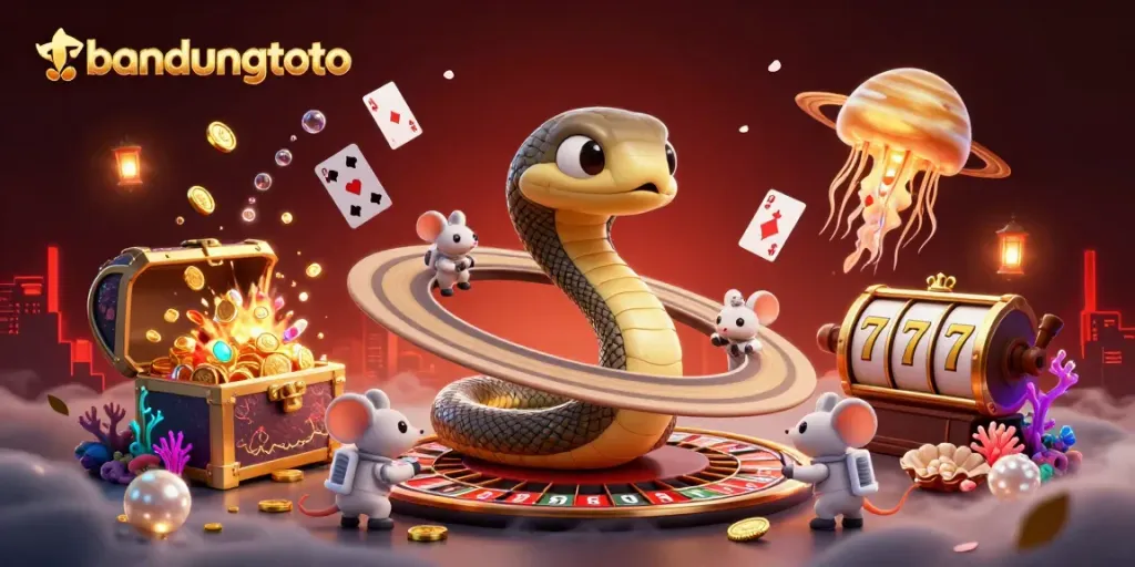 Experience thrilling bets at Bandungtoto with a vibrant cosmic casino scene featuring roulette and slot games.
