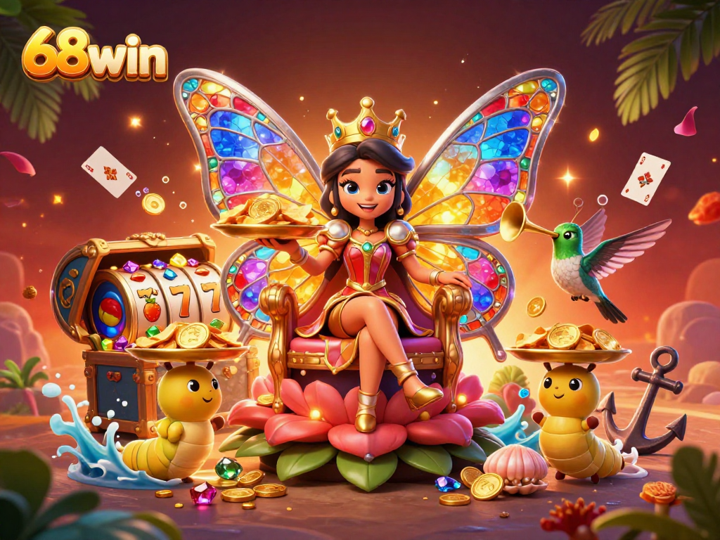 Engage with 68win's dynamic slots scene featuring colorful characters and casino elements.