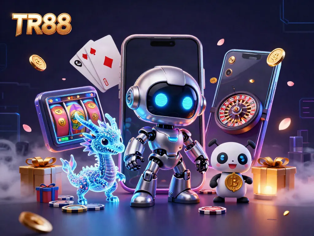 Engage in thrilling casino adventure at TR88 with vibrant gaming elements and futuristic characters.