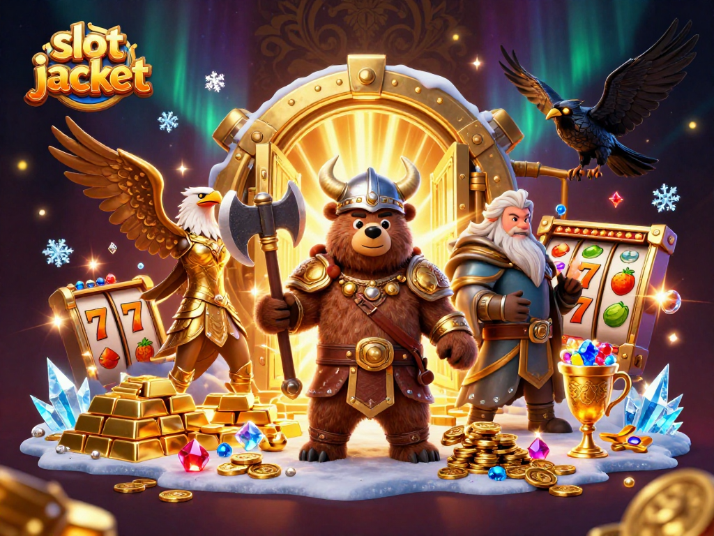 Putaran slot jackpot dengan karakter Viking dan burung Valkyrie di atmosfer kemenangan.