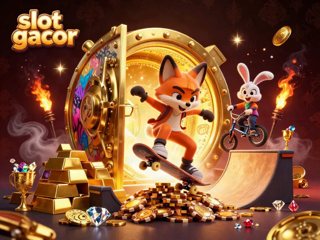 Melihat desain slot gacor dengan kartu poker, keripik emas, dan karakter kartun yang menyenangkan.