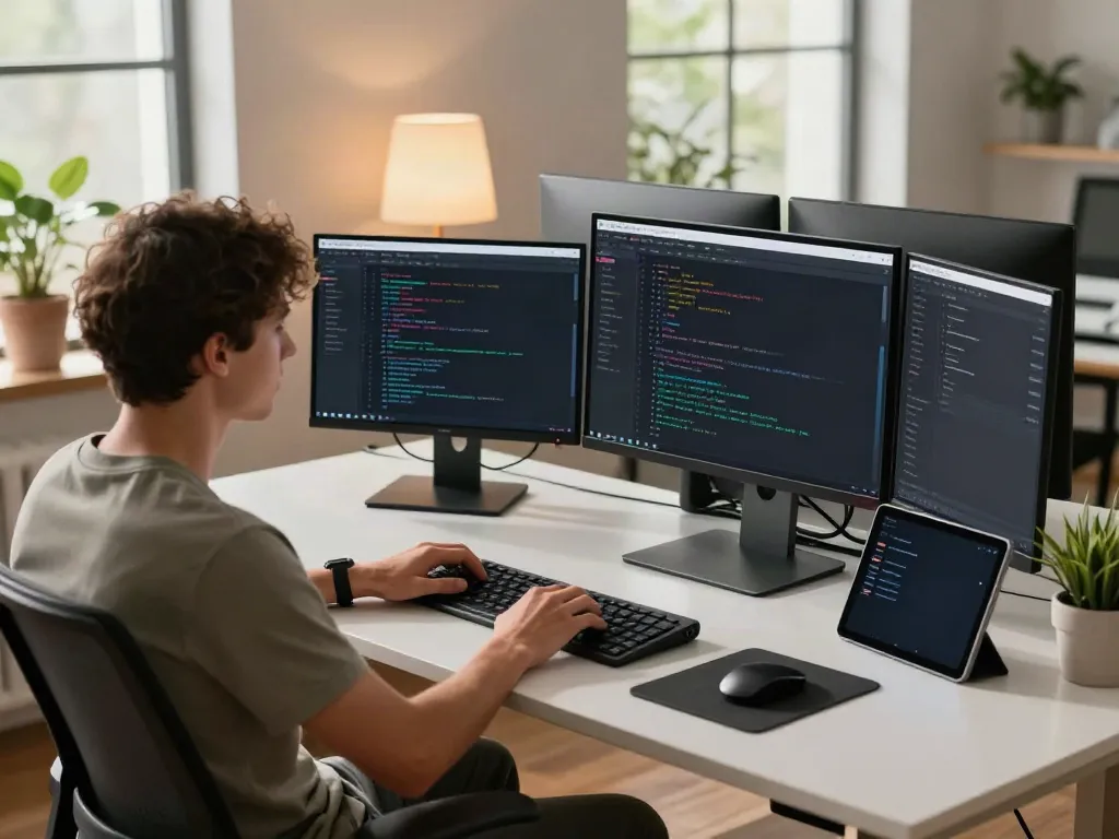 Focused developer coding on brave浏览器 with multiple monitors in a stylish workspace.