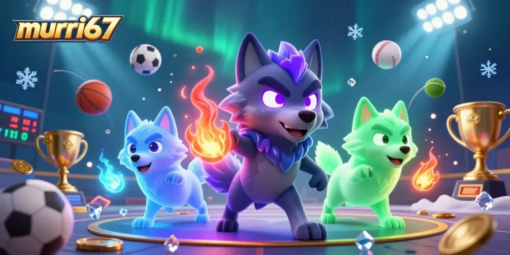Murai67 captivates in a vibrant betting scene, showcasing ghostly wolves surrounded by dynamic sports elements.