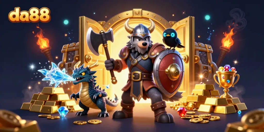 Experience thrilling action in da88 with a Viking warrior, fierce dragon, and treasure in this dynamic casino scene.