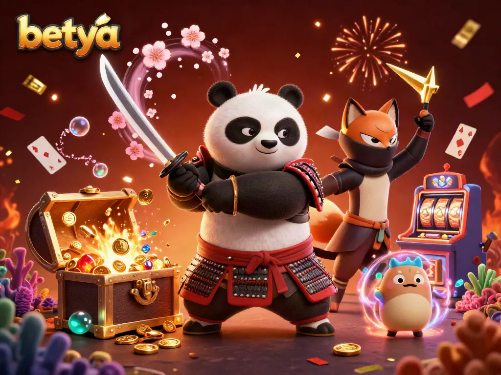 Experience high-stakes thrill at betya with a samurai panda and coin treasures in a vibrant casino scene.