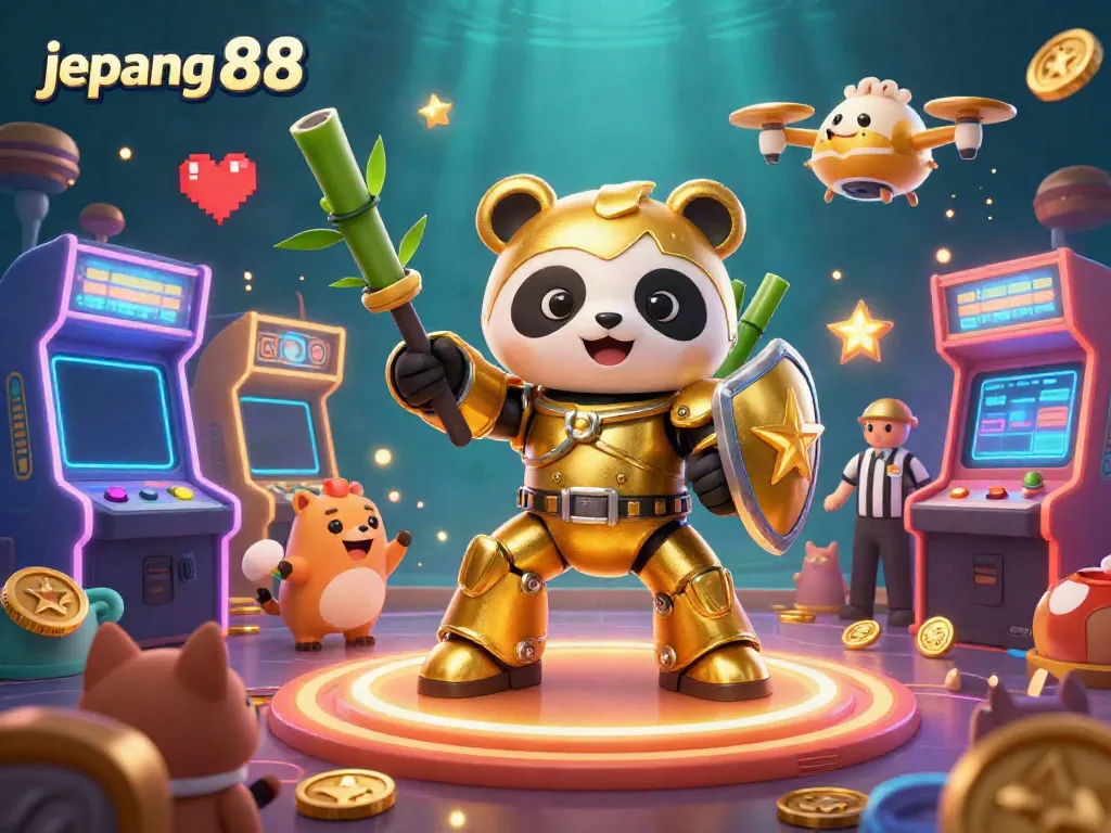 Engaging gambling scene with jepang 88 theme featuring a golden panda in mech-suit piloting a robot in a bustling casino setting.
