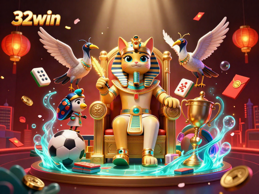 Engage with 32win's vibrant casino experience featuring a dynamic pharaoh cat and sports elements.