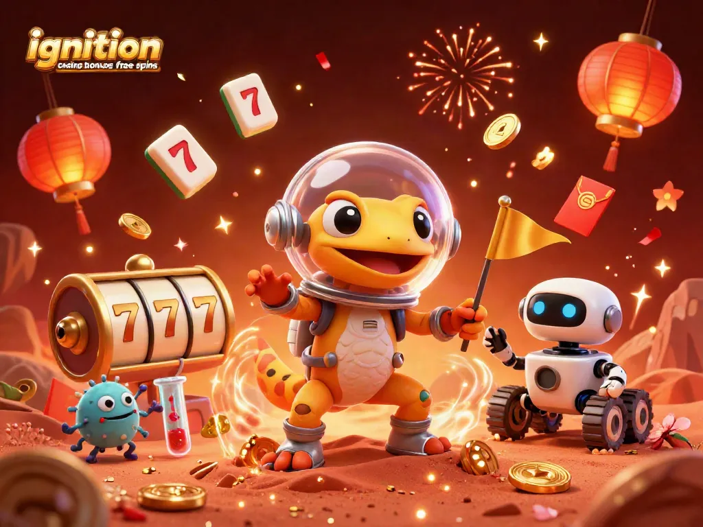 Engage with the excitement of Ignition Casino Bonus Code Free Spins amidst vibrant, festive 3D casino elements.