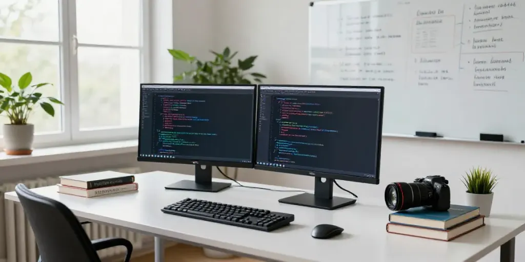 Generate Russian text with AI in a modern tech workspace setting with a developer using dual monitors.